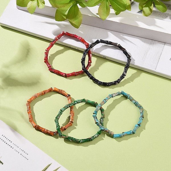 

PandaHall Natural Imperial Jasper(Dyed) Bamboo Stick Shape Beaded Stretch Bracelets, Gemstone Jewelry for Men Women, Mixed Color, 1/4 inch..., Multicolor