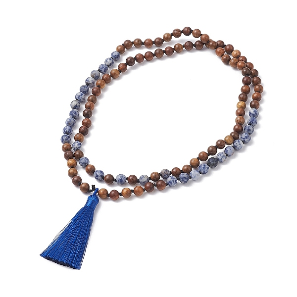 Natürliche Blaue Punktjaspis & Holz Buddhistische Halskette