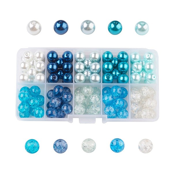 

PandaHall Carribean Blue Mix Baking Painted Crackle Glass & Glass Pearl Bead Sets, Round, Mixed Color, 10mm, Hole: 1.3~1.6mm, 100pcs/box..., Multicolor