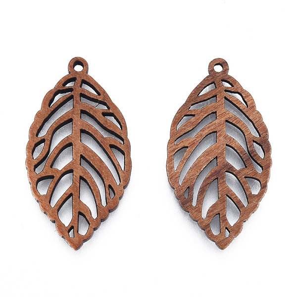 

PandaHall Natural Walnut Wood Pendants, Undyed, Hollow Leaf Charm, Camel, 36x19.5x2.5mm, Hole: 1.6mm Wood Leaf Brown