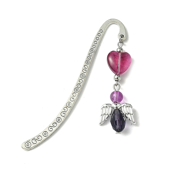 PandaHall Glass Bead Heart Angel Bookmarks, Tibetan Style Alloy Hook Bookmarks, Purple, 83x15mm Alloy Angel & Fairy Purple