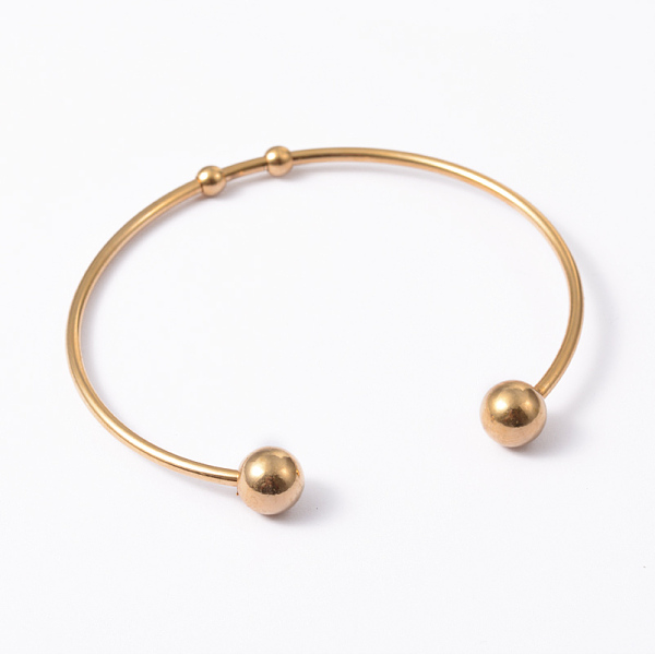 

PandaHall Fashion 304 Stainless Steel Cuff Bangles Torque Bangles, End with Immovable Round Beads, Golden, 50~65mm 304 Stainless Steel