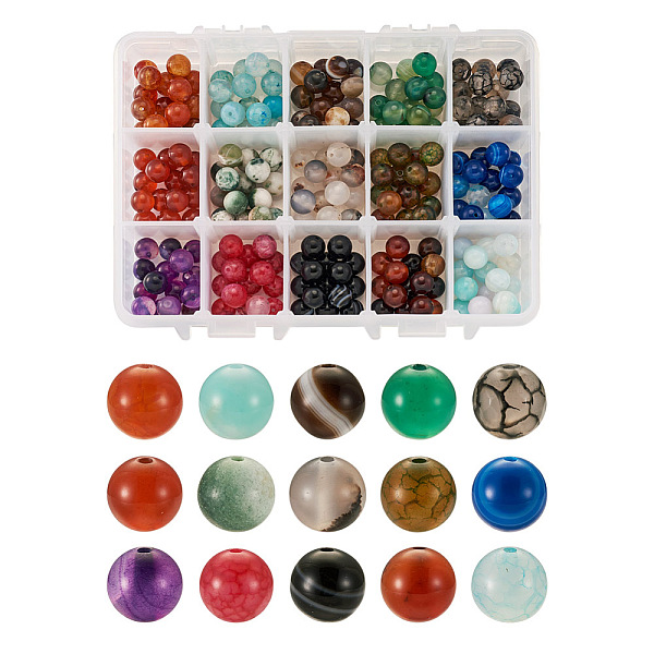 

PandaHall 225Pcs 15 Style Natural Agate Round Beads, 8mm, Hole: 1mm, 15pcs/style Natural Agate Round