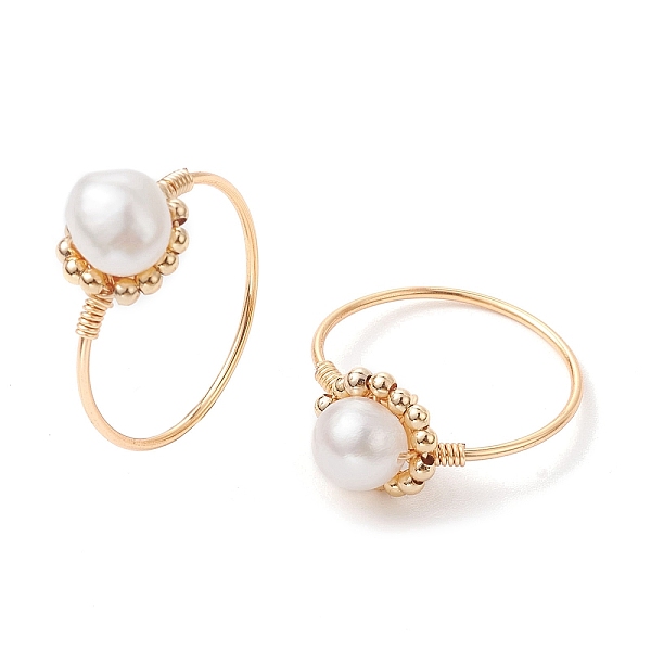 

PandaHall Natural Pearl Finger Rings, Copper Wire Wrapped Ring, Light Gold, Inner Diameter: 19mm Pearl Flower White