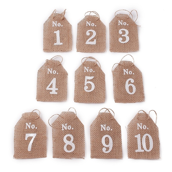 PandaHall Hanging Linen Table Number Tags, Place Number Tags, with Hemp Rope, for Wedding, Party Decoration, Number 1~10, Peru, Tag...