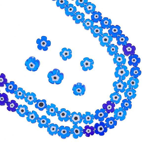 PandaHall 2 Strands Handmade Evil Eye Lampwork Beads Strands, Flower, Blue, 7~9.5x7~9x2.5~3mm, Hole: 1mm, about 54pcs/strand, 16.14 inch...