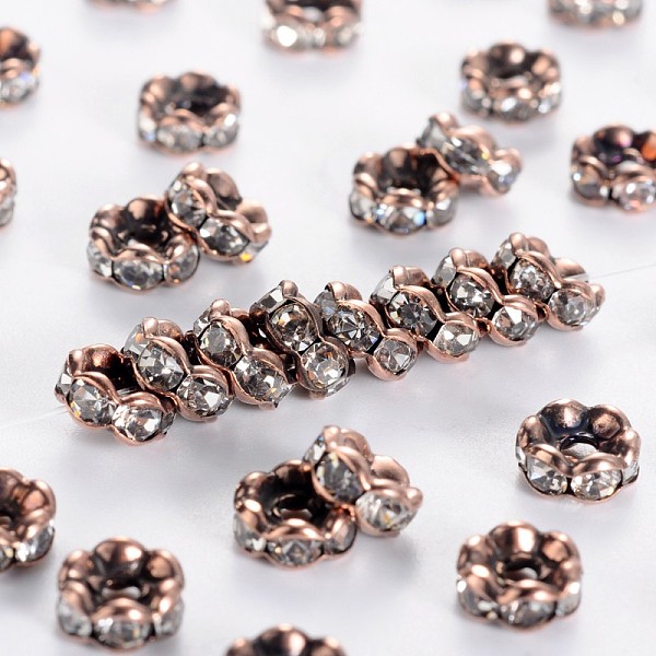 

PandaHall Brass Rhinestone Spacer Beads, Grade AAA, Wavy Edge, Nickel Free, Red Copper Metal Color, Rondelle, Crystal, 6x3mm, Hole: 1mm..., Clear