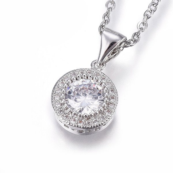 

PandaHall 304 Stainless Steel Pendant Necklaces, with Cubic Zirconia, Clear, Flat Round, Stainless Steel Color, 17.71 inch(45cm) Cubic...