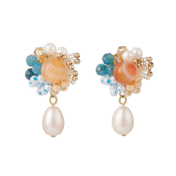 

PandaHall Natural Carnelian & Apatite Beaded Flower with Shell Pearl Dangle Stud Earrings, 304 Stainless Steel Braided Bead Jewelry for...