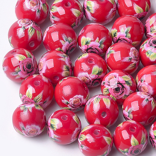 

PandaHall Printed & Spray Painted Glass Beads, Round with Flower Pattern, Red, 10~10.5x9.5mm, Hole: 1.6mm Glass Flower Red