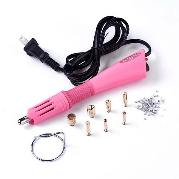 PandaHall Hotfix Rhinestone Applicator Tool, Type A Plug(US Plug), with Random Color SS16 Rhinestone, Hot Pink, 18.5x4x2.3cm Plastic Pink