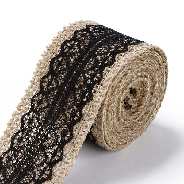 

PandaHall Burlap Ribbon, Hessian Ribbon, Jute Ribbon, with Lace, for Jewelry Making, Black, 1-1/2 inch(38mm), about 2m/roll Jute Black