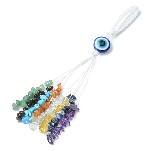 

PandaHall Chakra Gemstone Chip Pendant Decorations, with Evil Eye Lampwork and Nylon Thread Hanging Ornaments, 200mm Mixed Stone Evil Eye