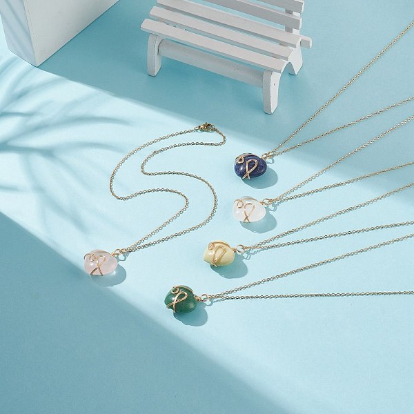 

PandaHall Copper Wire Wrapped Natural Mixed Stone Heart Pendant Necklaces, Golden Plated 304 Stainless Steel Necklace for Women, 17.32 inch...