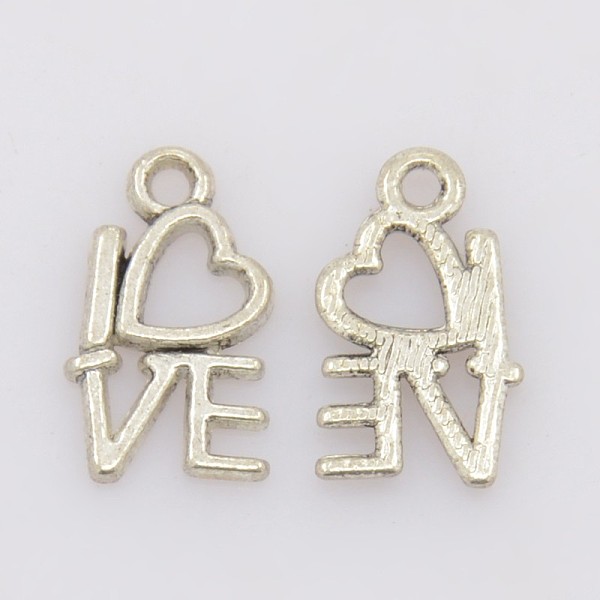 PandaHall Valentine Gifts Ideas Tibetan Style Alloy Pendants, Lead Free and Cadmium Free, Heart with Love, Antique Silver, 14.5x8mm, Hole...