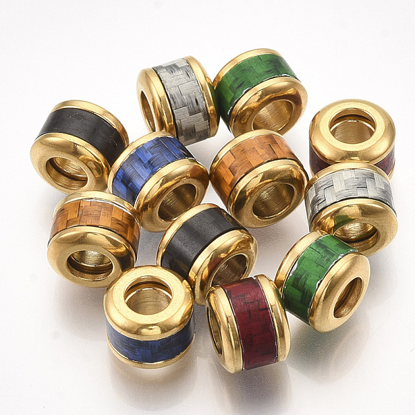 

PandaHall 304 Stainless Steel European Beads, with Fiber, Large Hole Beads, Column with Basket Weave Pattern, Golden, Mixed Color, 10x8mm..., Multicolor