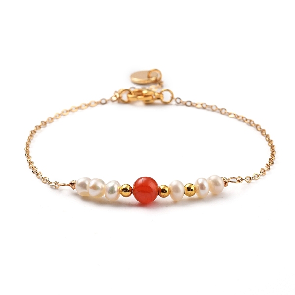 

PandaHall Natural Red Agate/Carnelian(Dyed & Heated) Beaded Bracelets, with Natural Pearl Beads, Brass Cable Chains & Beads & Charms, 304...
