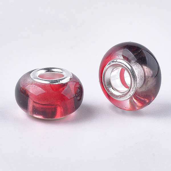 

PandaHall Resin European Beads, Large Hole Beads, with Brass Double Cores, Two Tone, Rondelle, Crimson, 14x8.5~9mm, Hole: 5mm Resin+Brass..., Pink