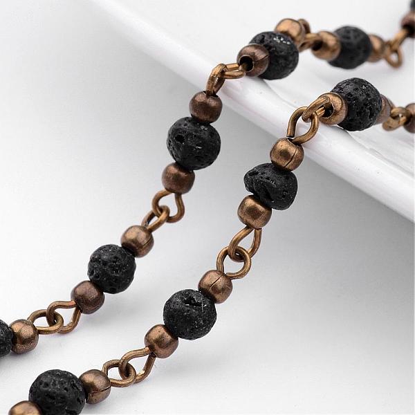

PandaHall Handmade Round Lava Rock Beads Chains for Necklaces Bracelets Making, with Iron Eye Pin, Unwelded and Brass Spacer Beads, Antique..., Black