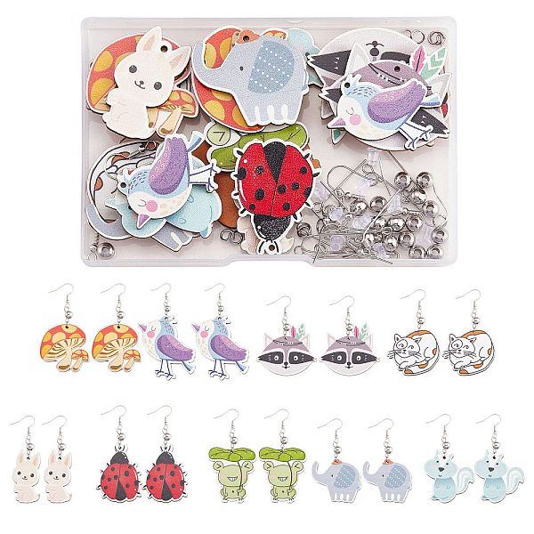 

PandaHall DIY Animal Dangle Earring Making Kits, Including Fox & Rabbit & Bird & Mushroom & Elephant Basswood Pendants, Iron Earring Hooks..., Multicolor