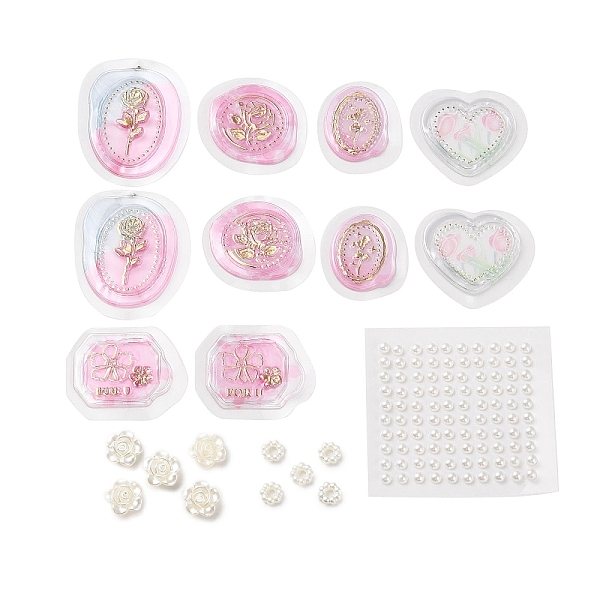 PandaHall DIY Scrapbooking Tool Sets, Including Resin Wax Seal Stickers, Plastic Pearl Stickers and Flower Ring Plastic Beads, Pink...