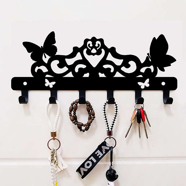 

PandaHall Iron Wall Mounted Hook Hangers, Decorative Organizer Rack with 6 Hooks, for Bag Clothes Key Scarf Hanging Holder, Butterfly, Black...
