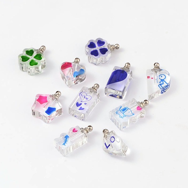 

PandaHall Mixed Shapes Glass Pendants, with Platinum Tone Alloy Findings, Mixed Color, 22~27x11~19x7~11mm, Hole: 1mm Alloy+Glass Mixed..., Multicolor