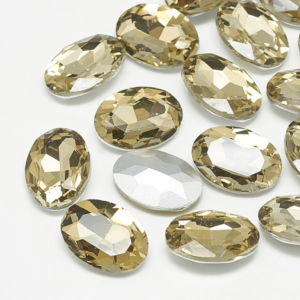 PandaHall Pointed Back Glass Rhinestone Cabochons, Back Plated, Faceted, Oval, Coffee, 18x13x5.5mm Glass Rhinestone Oval Yellow