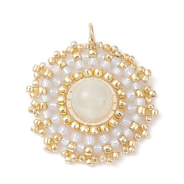 

PandaHall Natural Moonstone Flat Round Pendants, Woven Handmade Japanese Seed Bead Charms, 27.5~28x25~25.5x8.5mm, Hole: 3.5mm Moonstone Flat...
