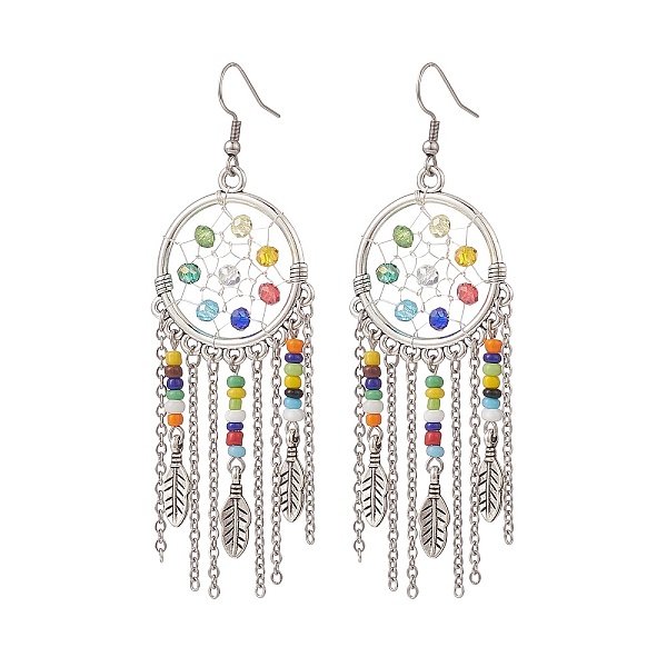 

PandaHall Alloy Woven Net/Web with Feather Chandelier Earrings with Glass Beaded, 316 Surgical Stainless Steel Long Drop Earrings for Women...