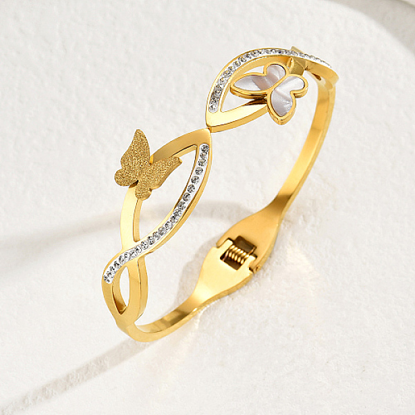 

PandaHall Butterfly Natural Shell with Cubic Zirconia Cuff Bangles, Stainless Steel Hinged Bangle, Real 18K Gold Plated, Inner Diameter...