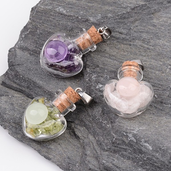 

PandaHall Heart Glass Bottle Gemstone Pendants, with 304 Stainless Steel Findings, 31x22x16mm, Hole: 7x4mm Mixed Stone Heart