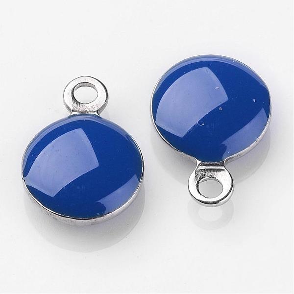 PandaHall Stainless Steel Enamel Charms, Enamelled Sequins, Flat Round, Blue, 11x8x3mm, Hole: 1mm Stainless Steel+Enamel Flat Round Blue