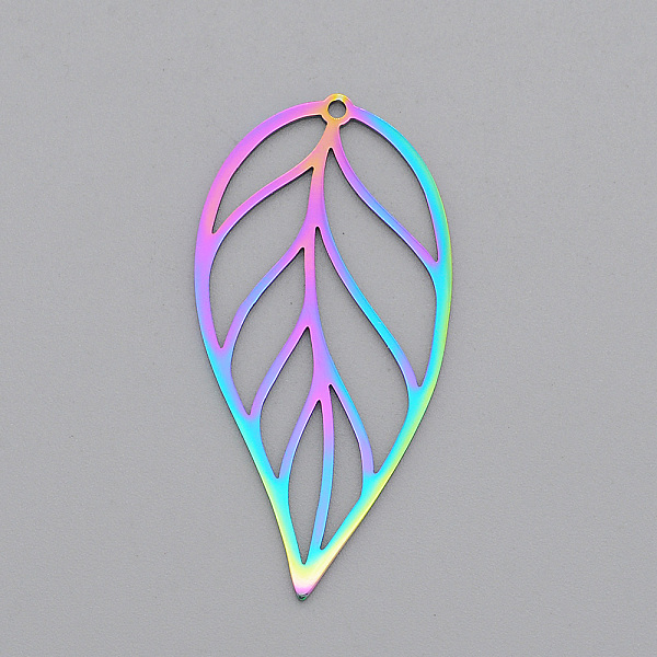 

PandaHall Ion Plating(IP) 201 Stainless Steel Pendants, Laser Cut, Leaf, Rainbow Color, 42x21x1mm, Hole: 1.4mm 201 Stainless Steel Leaf