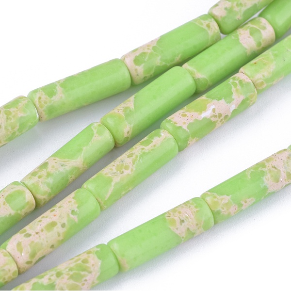 

PandaHall Synthetic Imperial Jasper Beads Strands, Dyed, Column, Green Yellow, 13~15x4.5mm, Hole: 1mm, about 28~29pcs/strand, 14.96...