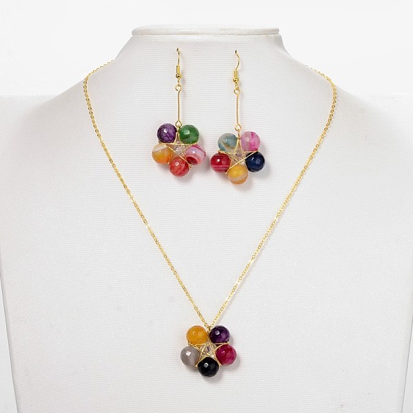 

PandaHall Natural Agate with Pearl Luster Plated Glass Star Pendant Necklaces & Dangle Earrings Jewelry Sets: Golden Tone Brass Cable Chain...