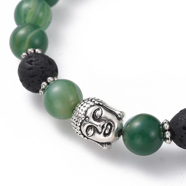 

PandaHall Braided Bead Bracelets, with Antique Silver Plated Alloy Findings, Nylon Thread, Natural Striped Agate and Lava Rock Beads, Buddha..., Green