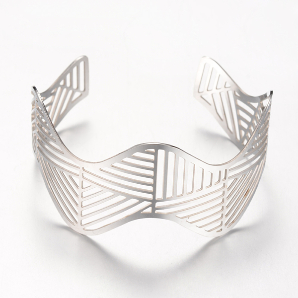 

PandaHall 304 Stainless Steel Filigree Cuff Bangles, Wide Band Bangles, Stainless Steel Color, 2-3/8 inch(60mm) 304 Stainless Steel