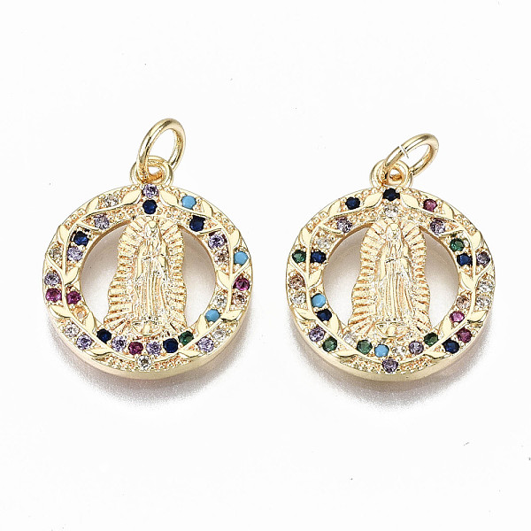 

PandaHall Brass Micro Pave Colorful Cubic Zirconia Pendants, Nickel Free, for Buddhist, Flat Round with Avalokitesvara, Real 18K Gold Plated...