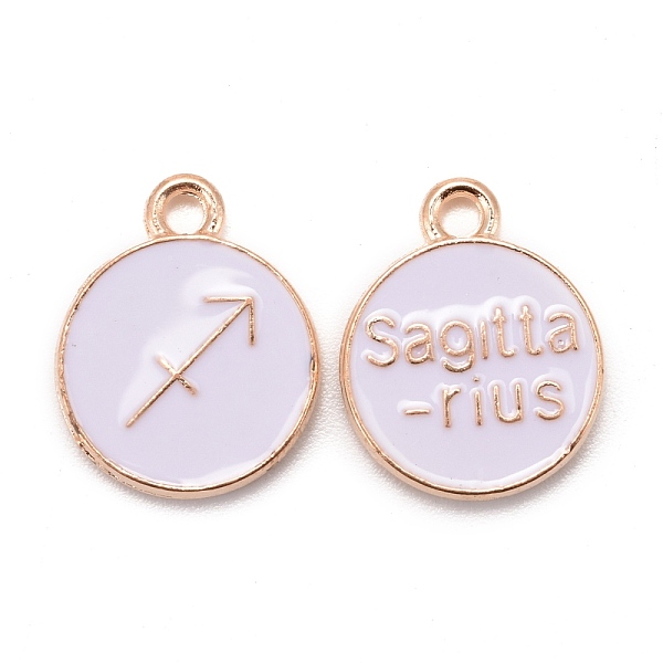 

PandaHall Alloy Enamel Pendants, Cadmium Free & Lead Free, Flat Round with Constellation, Light Gold, White, Sagittarius, 15x12x2mm, Hole...