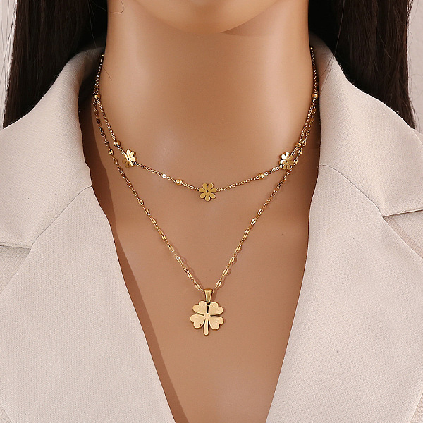 

PandaHall 304 Stainless Steel Double Layer Necklaces, Clover Pendant Necklaces, Golden, 15.94 inch(40.5cm) 304 Stainless Steel Clover