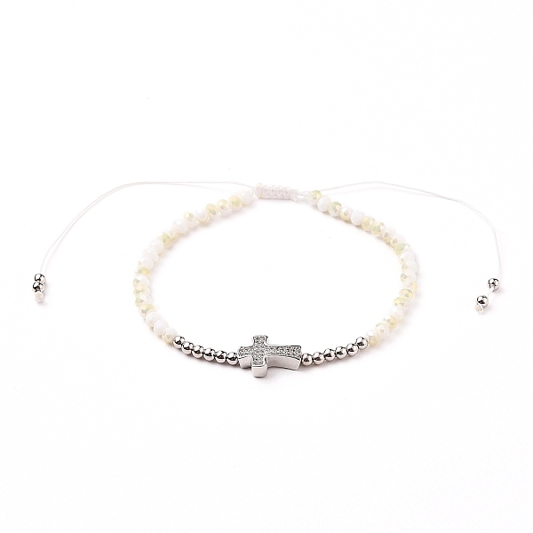 

PandaHall Adjustable Nylon Cord Braided Bead Bracelet, with Glass Seed Beads and Brass Micro Pave Clear Cubic Zirconia Cross Beads..., White