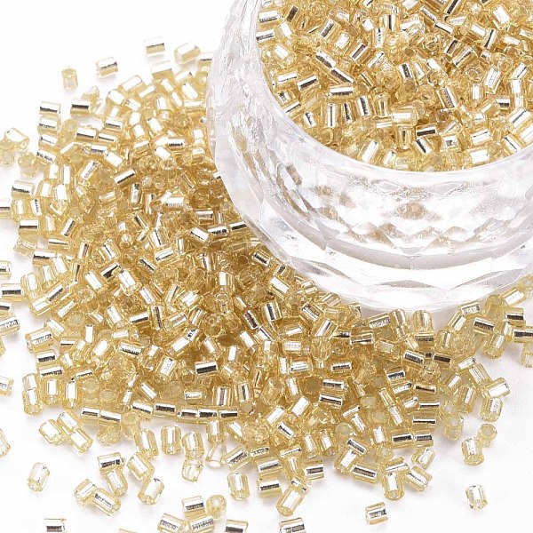 

PandaHall Glass Bugle Beads, Silver Lined, Pale Goldenrod, 1.8~2.2x1.8~2mm, Hole: 0.8~0.9mm, about 15000pcs/pound Glass