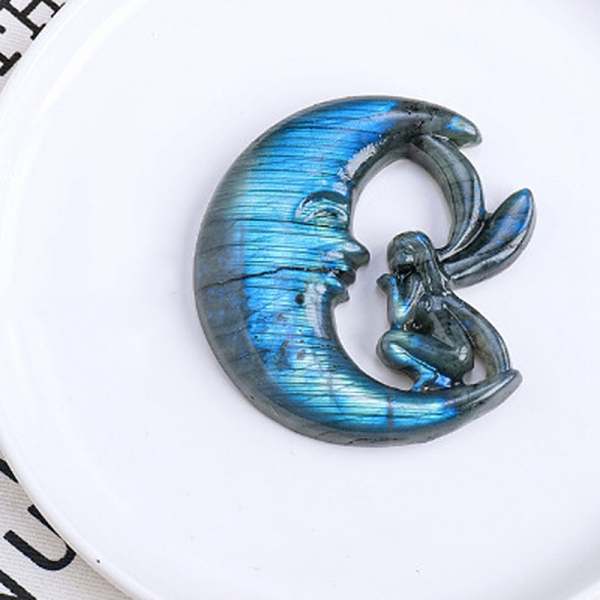 

PandaHall Natural Labradorite Display Decorations, for Home Decoration, Moon with Fairy, 60x55mm Labradorite Moon