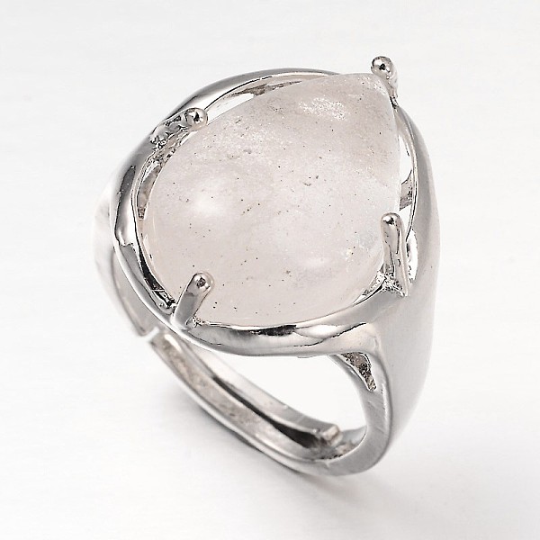 

PandaHall Teardrop Platinum Tone Brass Gemstone Adjustable Wide Band Rings, Crystal, 18mm, Tray: 20x17mm Quartz Crystal