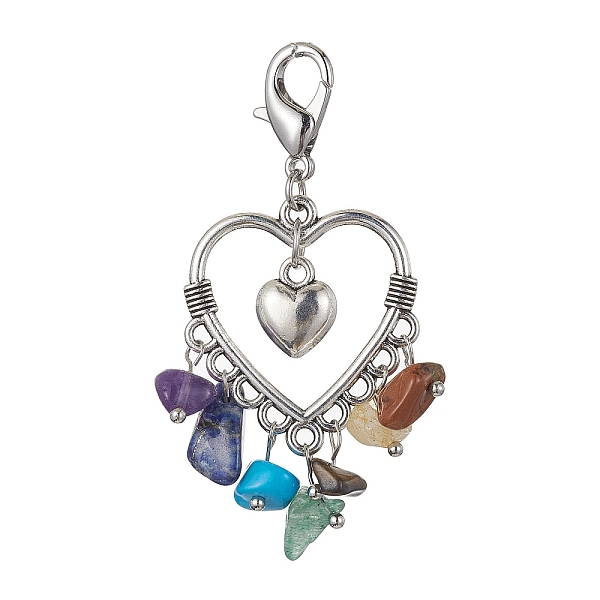 PandaHall Alloy Heart Pendant Decoration, with Tassel Natural & Synthetic Gemstone Chip, Antique Silver & Platinum, 559mm Alloy Heart