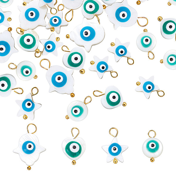 

PandaHall ARRICRAFT 40Pcs 4 Styles Natural Freshwater Shell Pendants, Evil Eye Charm, with Golden Tone Alloy Loops, Heart & Star & Flat..., Multicolor