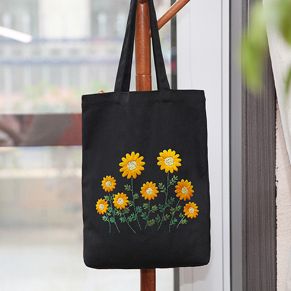 

PandaHall DIY Sunflower Pattern Tote Bag Embroidery Kit, including Embroidery Needles & Thread, Cotton Fabric, Plastic Embroidery Hoop..., Black