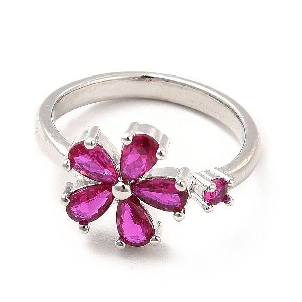 

PandaHall Cerise Cubic Zirconia Flower Open Cuff Ring, Rack Plating Brass Jewelry for Women, Cadmium Free & Lead Free, Platinum, US Size 8..., Red