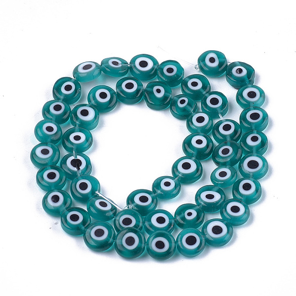

PandaHall Handmade Evil Eye Lampwork Beads Strands, Flat Round, Cadet Blue, 7.5x3mm, Hole: 1mm, about 48pcs/strand, 13.7 inch~14.9 inch...